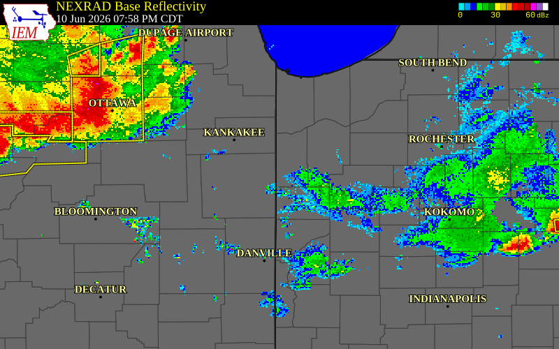 NEXRAD radar during the Wednesday, June 10, 2026 storm activity in Newton County, Indiana