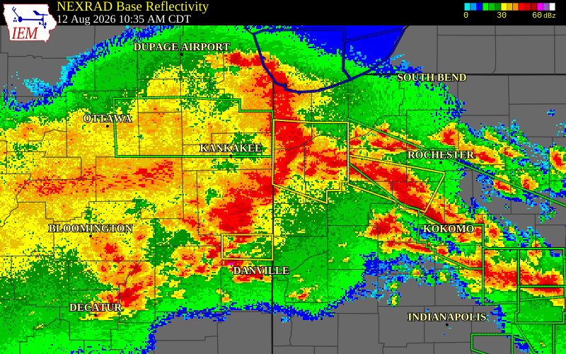 NEXRAD radar during the Wednesday, August 12, 2026 storm activity in Newton County, Indiana