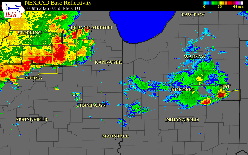 Radar snapshot during the Jun 10, 2026 tornado event near 5 NNW Kentland, Newton County, Indiana, with NWS warning polygons