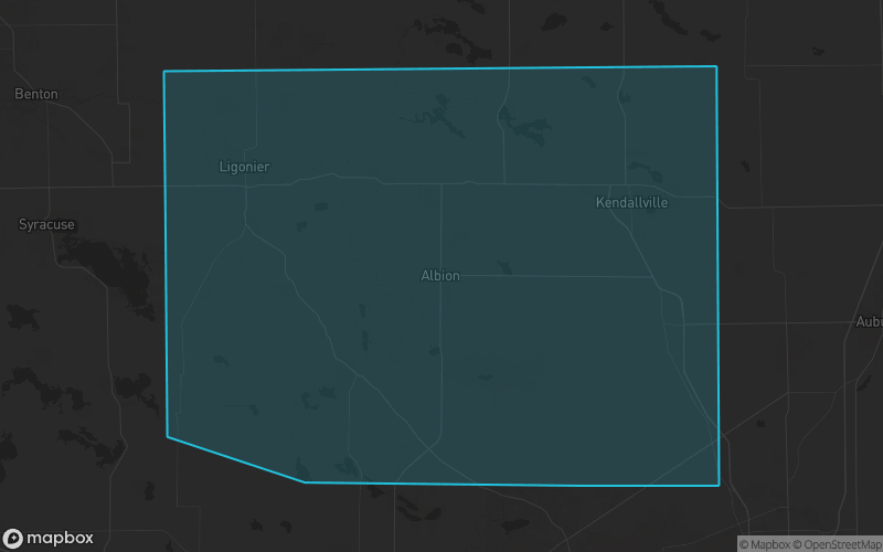 Map of Noble County, Indiana showing the county boundary and surrounding cities
