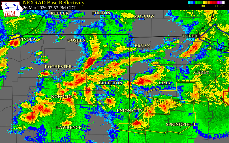 NEXRAD radar during the Thursday, March 26, 2026 storm activity in Noble County, Indiana