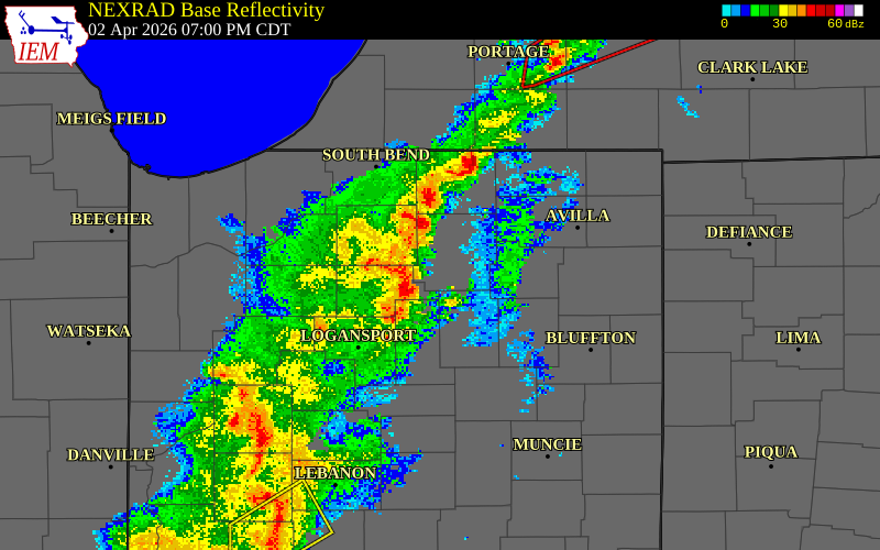 NEXRAD radar during the Thursday, April 2, 2026 storm activity in Noble County, Indiana