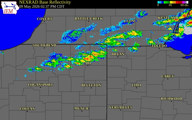 NEXRAD radar during the Saturday, May 9, 2026 storm activity in Noble County, Indiana