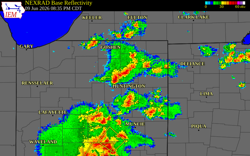 NEXRAD radar during the Tuesday, June 9, 2026 storm activity in Noble County, Indiana