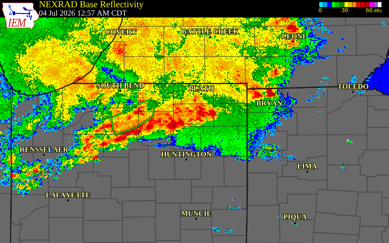 NEXRAD radar during the Saturday, July 4, 2026 storm activity in Noble County, Indiana