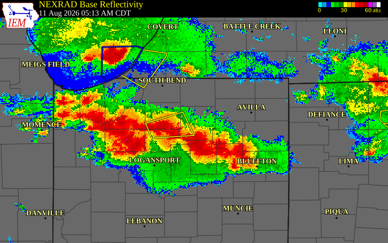 NEXRAD radar during the Tuesday, August 11, 2026 storm activity in Noble County, Indiana
