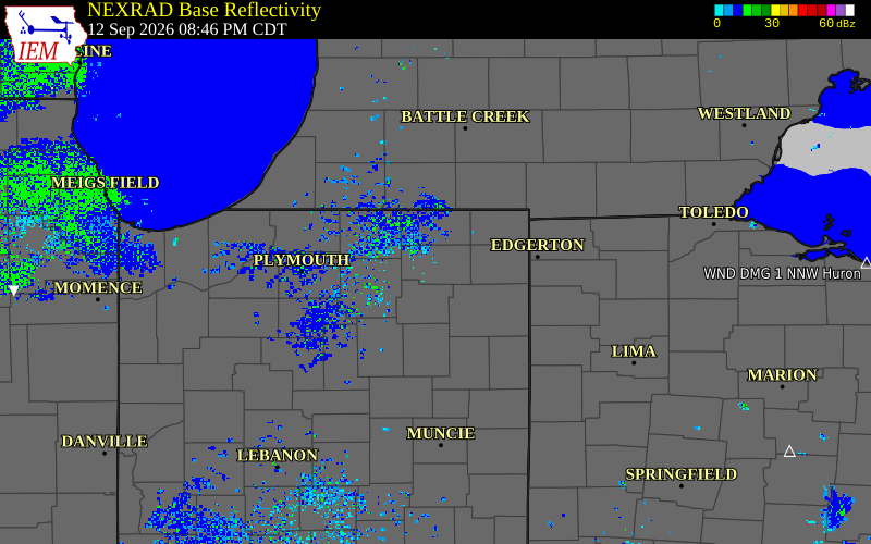 Current NEXRAD radar over Noble County, Indiana with recent storm report locations