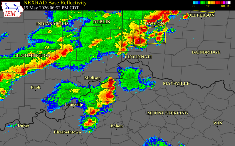 NEXRAD radar during the Tuesday, May 19, 2026 storm activity in Ohio County, Indiana