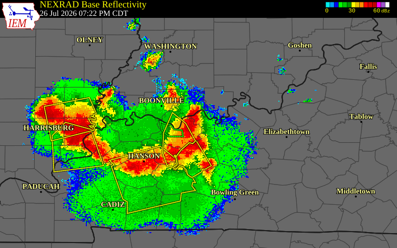 NEXRAD radar during the Sunday, July 26, 2026 storm activity in Ohio County, Indiana