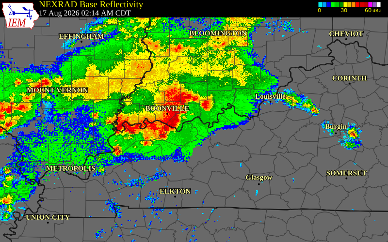 Radar snapshot during the Jul 26, 2026 wind event near Ohio County, Ohio County, Indiana, with NWS warning polygons