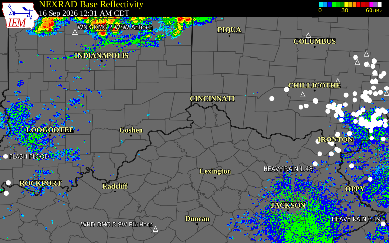 Current NEXRAD radar over Ohio County, Indiana with recent storm report locations