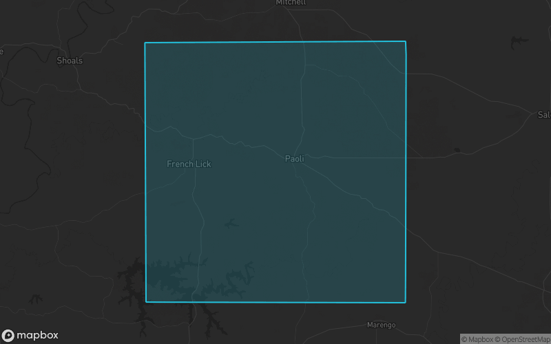 Map of Orange County, Indiana showing the county boundary and surrounding cities