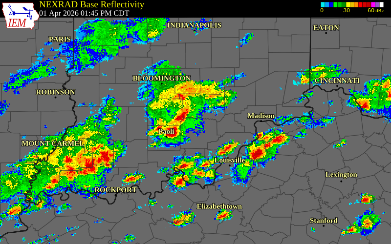 NEXRAD radar during the Wednesday, April 1, 2026 storm activity in Orange County, Indiana