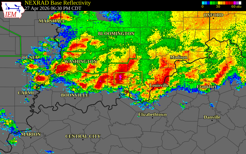 NEXRAD radar during the Monday, April 27, 2026 storm activity in Orange County, Indiana