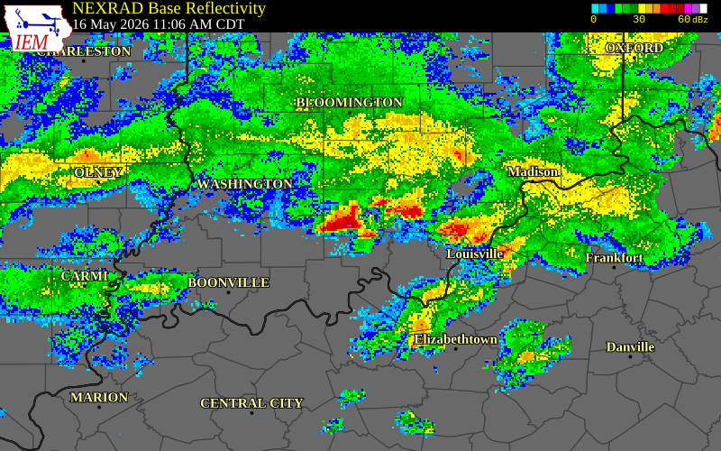 NEXRAD radar during the Saturday, May 16, 2026 storm activity in Orange County, Indiana