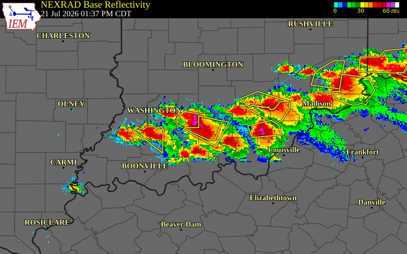 NEXRAD radar during the Tuesday, July 21, 2026 storm activity in Orange County, Indiana