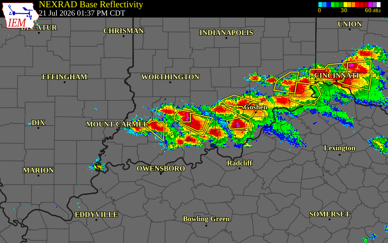 Radar snapshot during the Jul 21, 2026 hail event near 1 SW French Lick, Orange County, Indiana, with NWS warning polygons