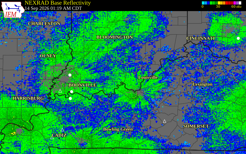 Current NEXRAD radar over Orange County, Indiana with recent storm report locations
