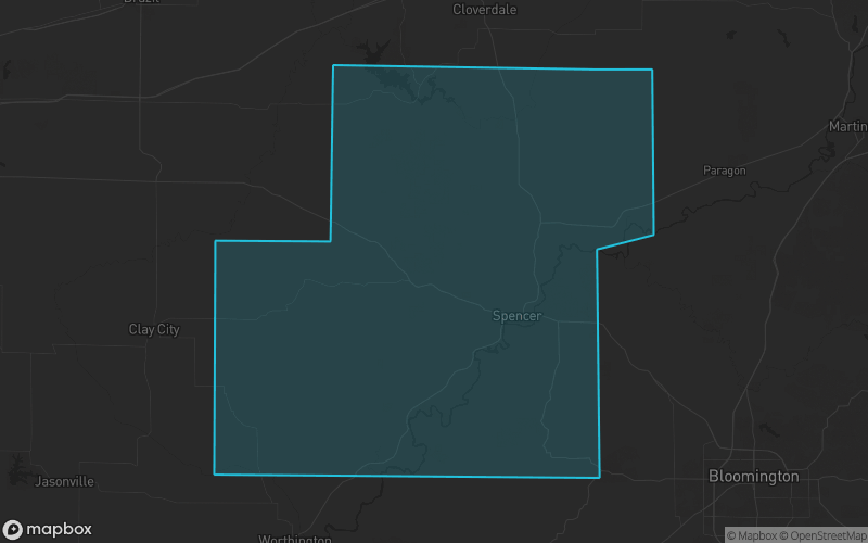 Map of Owen County, Indiana showing the county boundary and surrounding cities