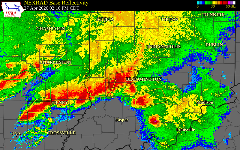 NEXRAD radar during the Monday, April 27, 2026 storm activity in Owen County, Indiana