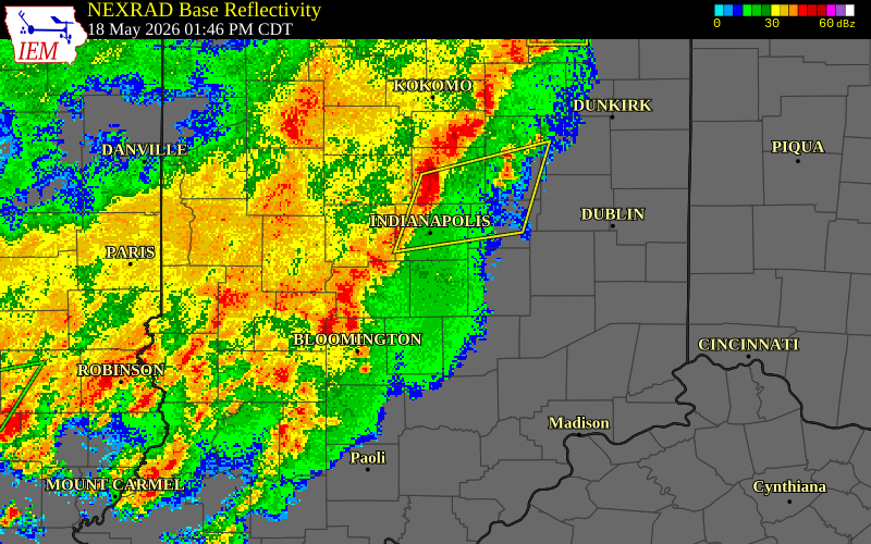 NEXRAD radar during the Monday, May 18, 2026 storm activity in Owen County, Indiana