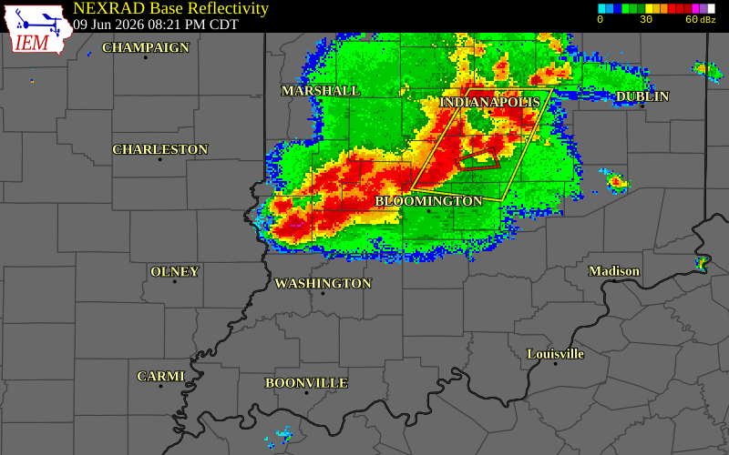 NEXRAD radar during the Tuesday, June 9, 2026 storm activity in Owen County, Indiana