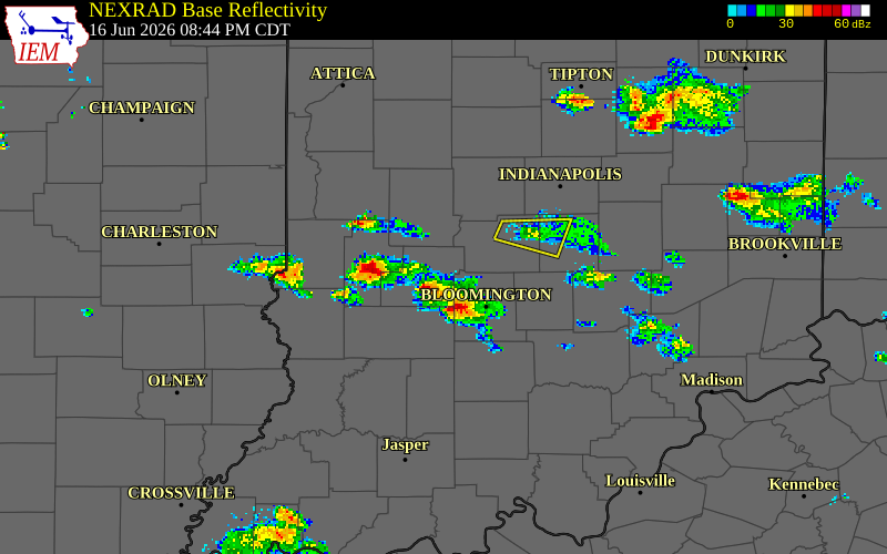NEXRAD radar during the Tuesday, June 16, 2026 storm activity in Owen County, Indiana