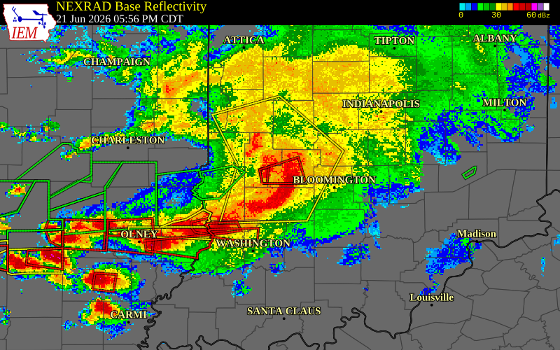 NEXRAD radar during the Sunday, June 21, 2026 storm activity in Owen County, Indiana