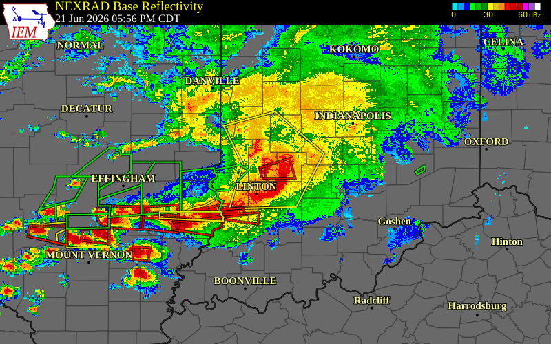 Radar snapshot during the Jun 21, 2026 tornado event near 3 S Patricksburg, Owen County, Indiana, with NWS warning polygons