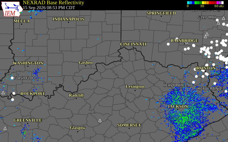 Current NEXRAD radar over Owen County, Indiana with recent storm report locations