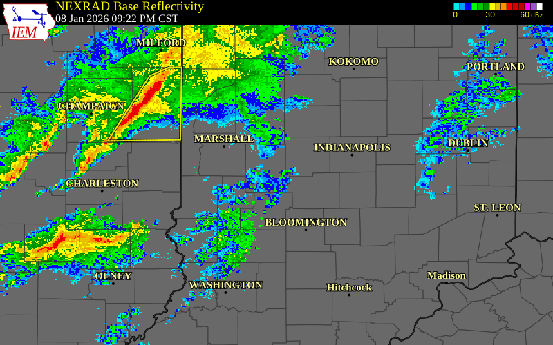 NEXRAD radar during the Thursday, January 8, 2026 storm activity in Parke County, Indiana