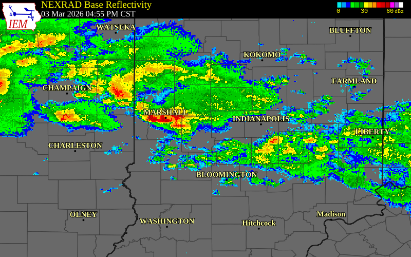 NEXRAD radar during the Tuesday, March 3, 2026 storm activity in Parke County, Indiana