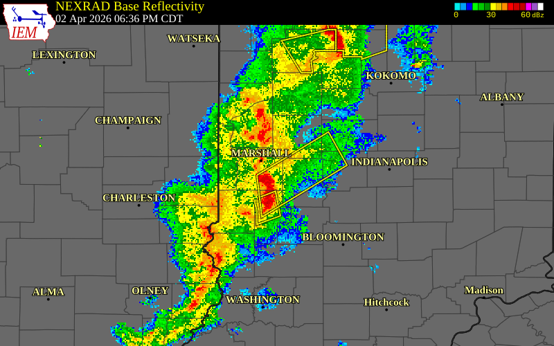 NEXRAD radar during the Thursday, April 2, 2026 storm activity in Parke County, Indiana