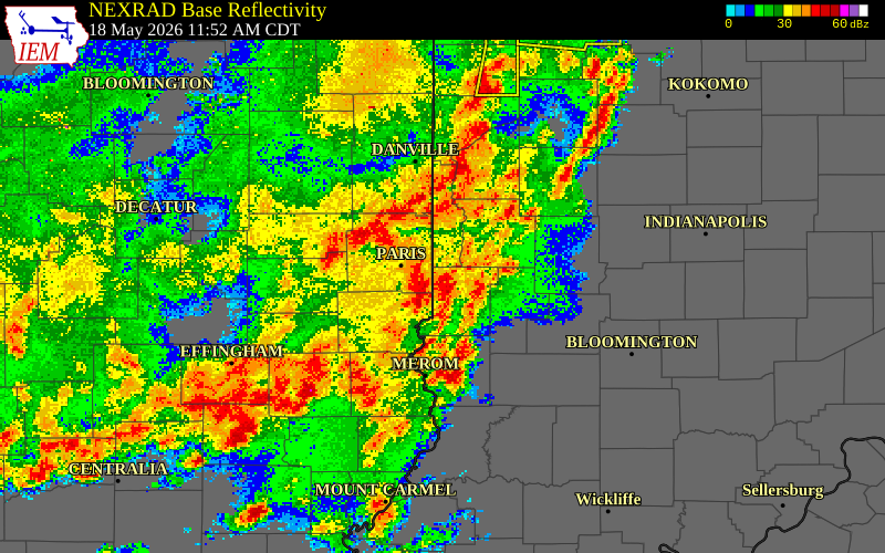 NEXRAD radar during the Monday, May 18, 2026 storm activity in Parke County, Indiana