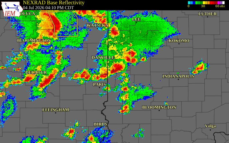 NEXRAD radar during the Saturday, July 4, 2026 storm activity in Parke County, Indiana