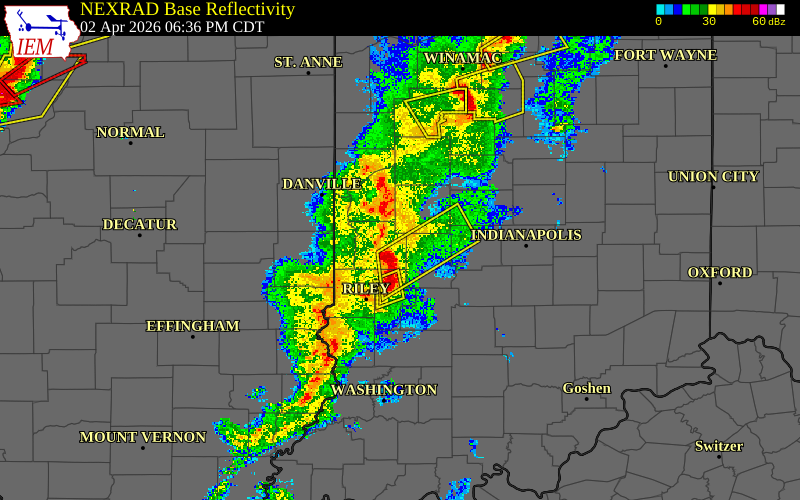 Radar snapshot during the Apr 2, 2026 tornado event near 1 WSW Cecil Harden Lake, Parke County, Indiana, with NWS warning polygons