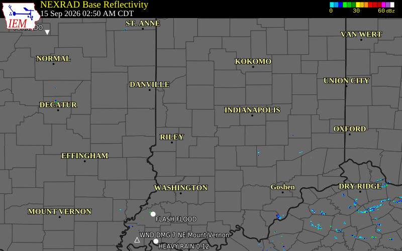 Current NEXRAD radar over Parke County, Indiana with recent storm report locations