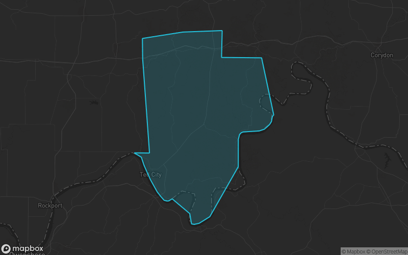 Map of Perry County, Indiana showing the county boundary and surrounding cities