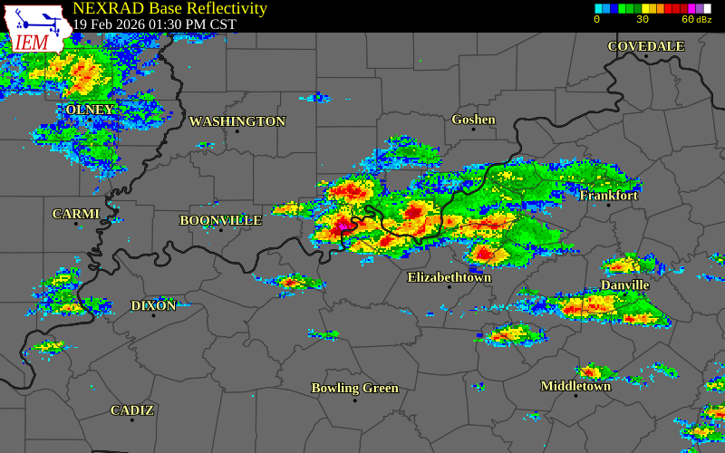 NEXRAD radar during the Thursday, February 19, 2026 storm activity in Perry County, Indiana