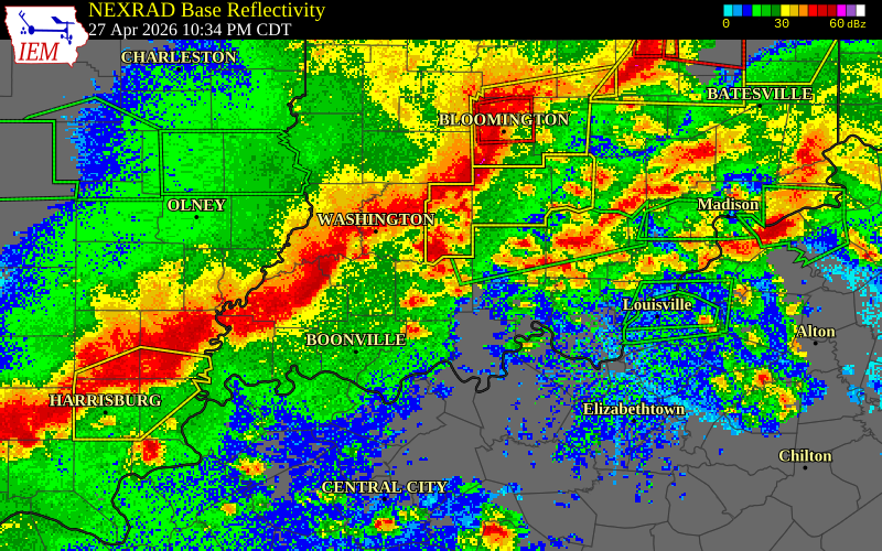 NEXRAD radar during the Monday, April 27, 2026 storm activity in Perry County, Indiana
