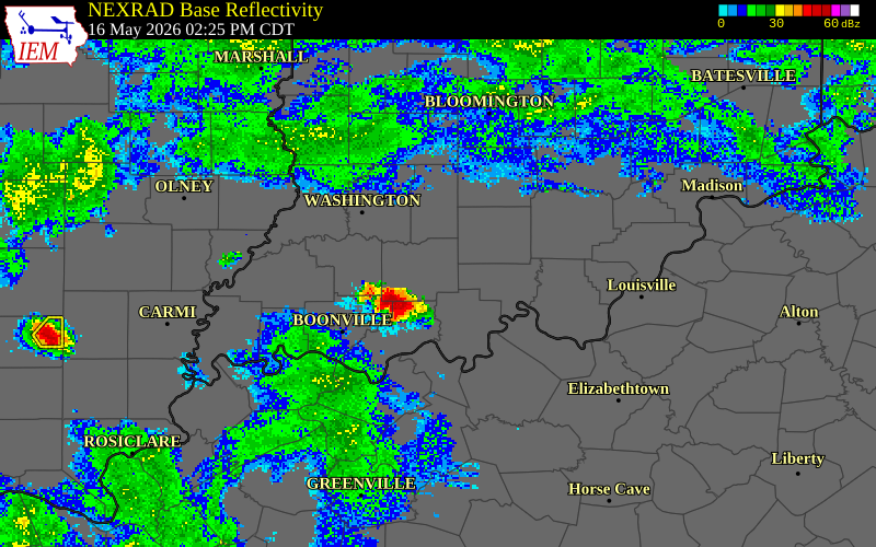 NEXRAD radar during the Saturday, May 16, 2026 storm activity in Perry County, Indiana