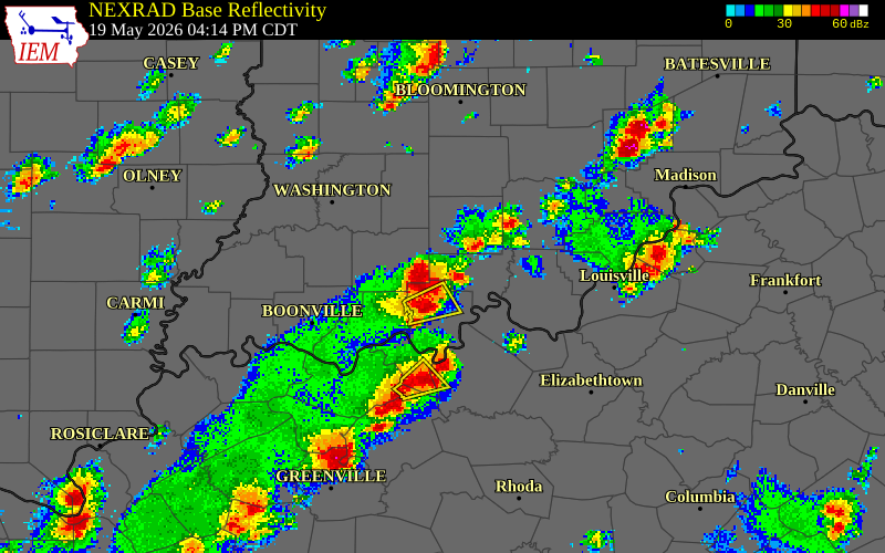 NEXRAD radar during the Tuesday, May 19, 2026 storm activity in Perry County, Indiana