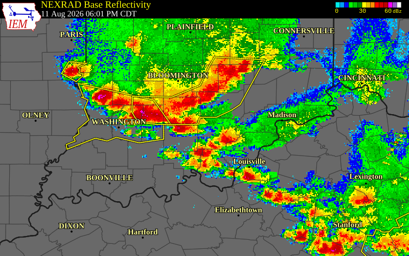NEXRAD radar during the Tuesday, August 11, 2026 storm activity in Perry County, Indiana