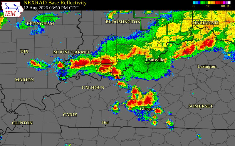 Radar snapshot during the Aug 12, 2026 hail event near Perry County, Perry County, Indiana, with NWS warning polygons