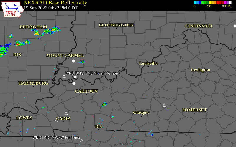 Current NEXRAD radar over Perry County, Indiana with recent storm report locations