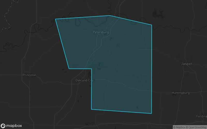 Map of Pike County, Indiana showing the county boundary and surrounding cities