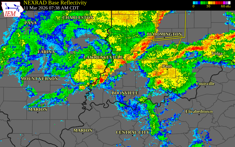 NEXRAD radar during the Wednesday, March 11, 2026 storm activity in Pike County, Indiana