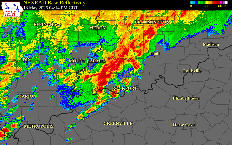 NEXRAD radar during the Monday, May 18, 2026 storm activity in Pike County, Indiana