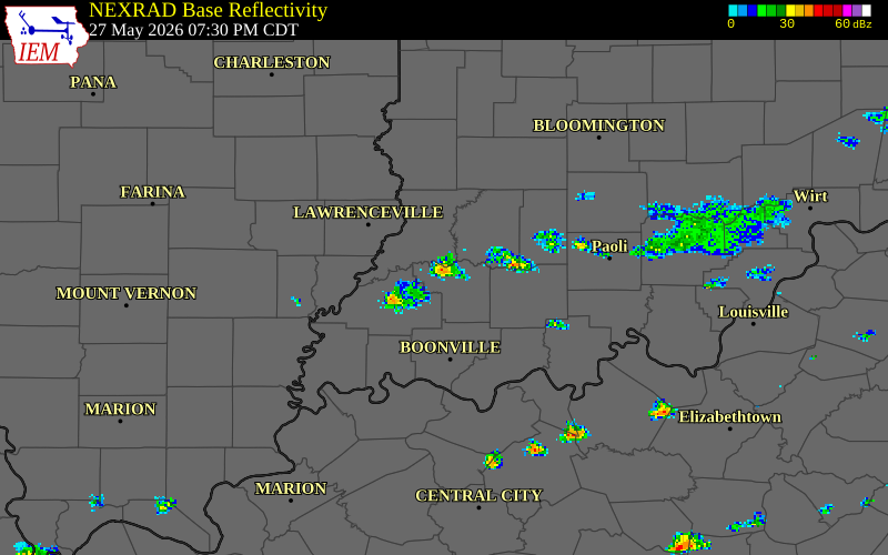 NEXRAD radar during the Wednesday, May 27, 2026 storm activity in Pike County, Indiana