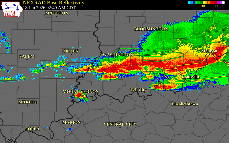 NEXRAD radar during the Thursday, June 18, 2026 storm activity in Pike County, Indiana